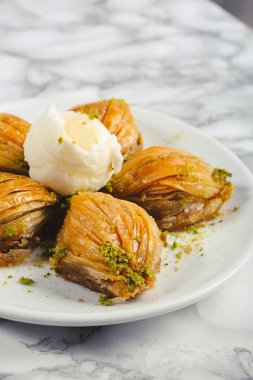 Geleneksel hindistancevizli tatlı baklavası. Ev yapımı fındıklı ve ballı baklava..