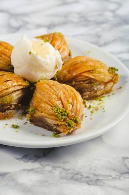 Geleneksel hindistancevizli tatlı baklavası. Ev yapımı fındıklı ve ballı baklava..