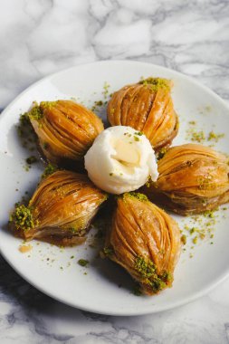 Geleneksel hindistancevizli tatlı baklavası. Ev yapımı fındıklı ve ballı baklava..
