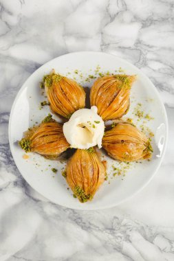 Geleneksel hindistancevizli tatlı baklavası. Ev yapımı fındıklı ve ballı baklava..