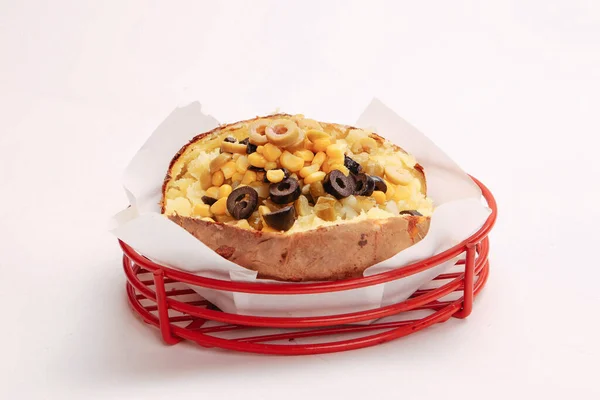 Baked Kumpir Potato Stuffed Cheese Sausage Olives Peppers Corn — Stock Photo, Image