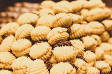 Bir grup çeşit kurabiye. Çikolata parçacıklı, yulaflı, kuru üzümlü, beyaz çikolatalı.