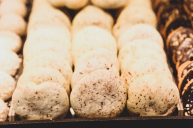 Bir grup çeşit kurabiye. Çikolata parçacıklı, yulaflı, kuru üzümlü, beyaz çikolatalı.