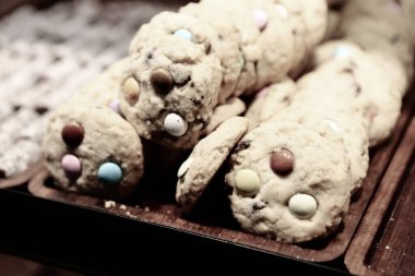 Bir grup çeşit kurabiye. Çikolata parçacıklı, yulaflı, kuru üzümlü, beyaz çikolatalı.