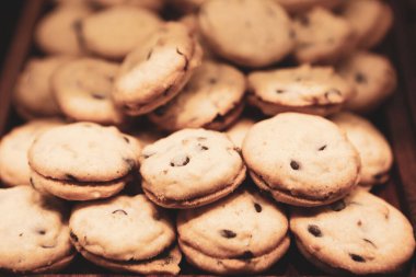 Bir grup çeşit kurabiye. Çikolata parçacıklı, yulaflı, kuru üzümlü, beyaz çikolatalı.