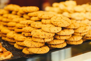 Bir grup çeşit kurabiye. Çikolata parçacıklı, yulaflı, kuru üzümlü, beyaz çikolatalı.