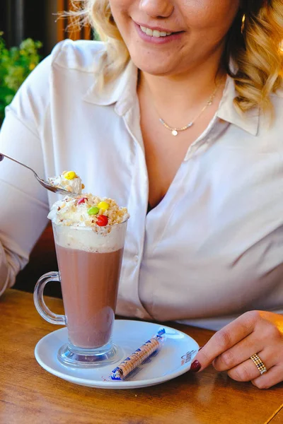 Iced Coffee Milk Iced Coffee Latte Woman Holding Glass Cup — Stockfoto