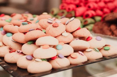 Bir grup çeşit kurabiye. Çikolata parçacıklı, yulaflı, kuru üzümlü, beyaz çikolatalı.