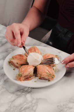 Geleneksel hindistancevizli tatlı baklavası. Ev yapımı fındıklı ve ballı baklava..