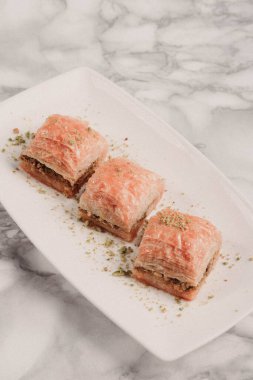 Geleneksel hindistancevizli tatlı baklavası. Ev yapımı fındıklı ve ballı baklava..