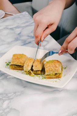 Geleneksel hindistancevizli tatlı baklavası. Ev yapımı fındıklı ve ballı baklava..