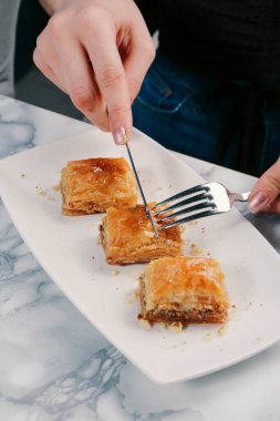 Geleneksel hindistancevizli tatlı baklavası. Ev yapımı fındıklı ve ballı baklava..