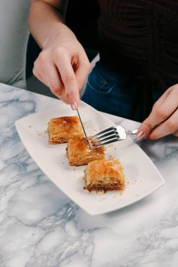 Geleneksel hindistancevizli tatlı baklavası. Ev yapımı fındıklı ve ballı baklava..