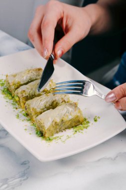 Geleneksel hindistancevizli tatlı baklavası. Ev yapımı fındıklı ve ballı baklava..