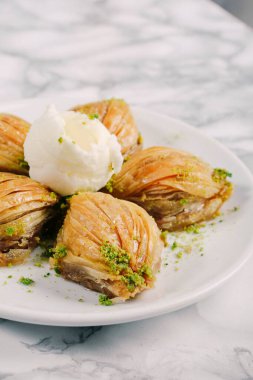 Geleneksel hindistancevizli tatlı baklavası. Ev yapımı fındıklı ve ballı baklava..