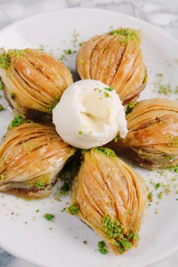 Geleneksel hindistancevizli tatlı baklavası. Ev yapımı fındıklı ve ballı baklava..