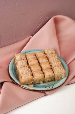 Geleneksel hindistancevizli tatlı baklavası. Ev yapımı fındıklı ve ballı baklava..