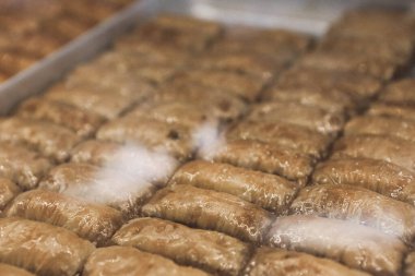 Geleneksel hindistancevizli tatlı baklavası. Ev yapımı fındıklı ve ballı baklava..