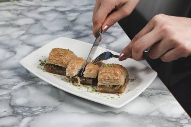 Geleneksel hindistancevizli tatlı baklavası. Ev yapımı fındıklı ve ballı baklava..