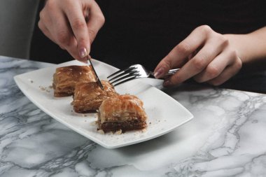 Geleneksel hindistancevizli tatlı baklavası. Ev yapımı fındıklı ve ballı baklava..