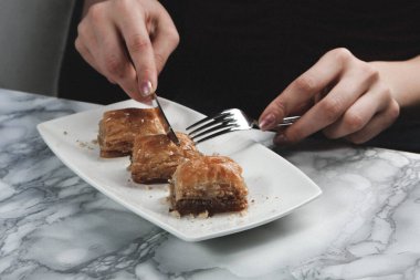 Geleneksel hindistancevizli tatlı baklavası. Ev yapımı fındıklı ve ballı baklava..