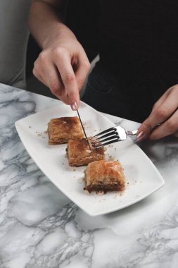 Geleneksel hindistancevizli tatlı baklavası. Ev yapımı fındıklı ve ballı baklava..
