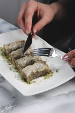 Geleneksel hindistancevizli tatlı baklavası. Ev yapımı fındıklı ve ballı baklava..