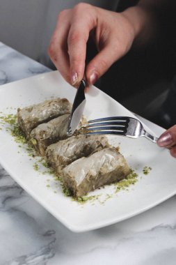 Geleneksel hindistancevizli tatlı baklavası. Ev yapımı fındıklı ve ballı baklava..