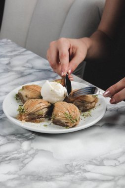 Geleneksel hindistancevizli tatlı baklavası. Ev yapımı fındıklı ve ballı baklava..
