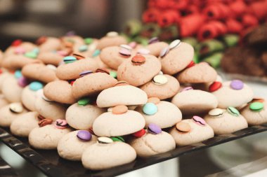 Bir grup çeşit kurabiye. Çikolata parçacıklı, yulaflı, kuru üzümlü, beyaz çikolatalı.