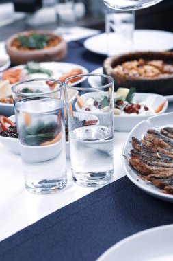 Özel Alkollü İçkili Rakılı Türk ve Yunan Geleneksel Yemek Masası. Uzo ve Türk Rakısı, Türkiye, Yunanistan, Kıbrıs ve Lübnan'da yaygın olarak tüketilen kuru anason aromalı bir aperatiftir.