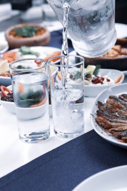 Özel Alkollü İçkili Rakılı Türk ve Yunan Geleneksel Yemek Masası. Uzo ve Türk Rakısı, Türkiye, Yunanistan, Kıbrıs ve Lübnan'da yaygın olarak tüketilen kuru anason aromalı bir aperatiftir.