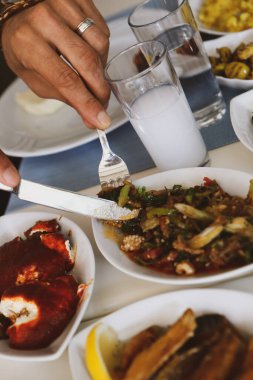 Özel Alkollü İçkili Rakılı Türk ve Yunan Geleneksel Yemek Masası. Uzo ve Türk Rakısı, Türkiye, Yunanistan, Kıbrıs ve Lübnan'da yaygın olarak tüketilen kuru anason aromalı bir aperatiftir.