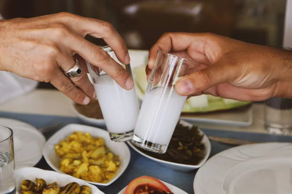 Turkish Greek Traditional Dinning Table Special Alcohol Drink Raki Ouzo — Stock Photo, Image