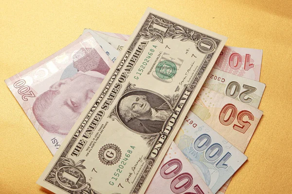 Turkin Liirasetelit Yhdysvaltain Dollarit — kuvapankkivalokuva