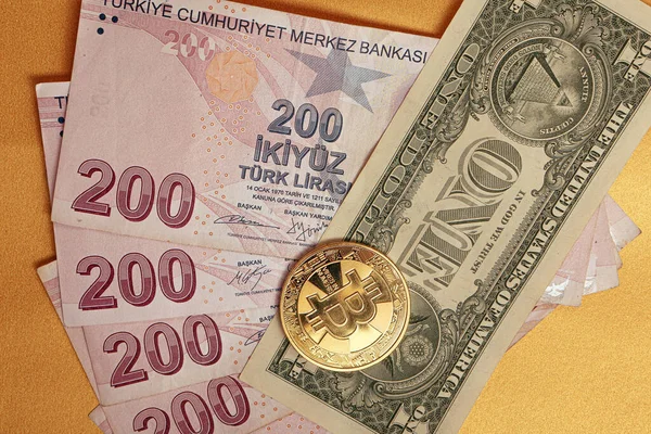 Turkish Lira Banknotes Dollars Bitcoin Coin — Stock Photo, Image