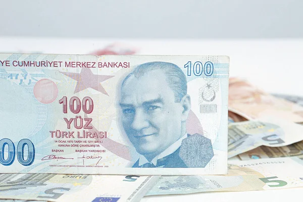 Мультидолларовые Наличные Монеты Банкноты Нового Поколения Биткойн Турецкая Лира — стоковое фото