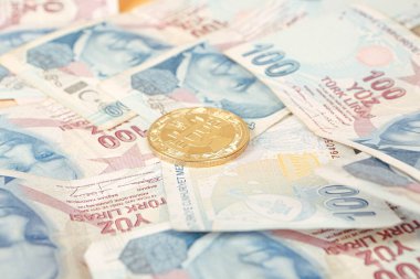 Türk lira banknotları ve bitcoin paraları