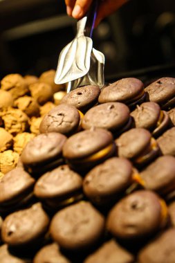 Bir grup çeşit kurabiye. Çikolata parçacıklı, yulaflı, kuru üzümlü, beyaz çikolatalı.