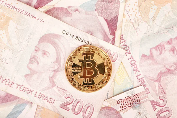 Turkiska Lira Sedlar Och Bitcoin — Stockfoto