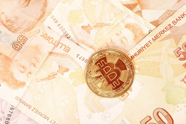 Turkse Lira Bankbiljetten Bitcoin — Stockfoto