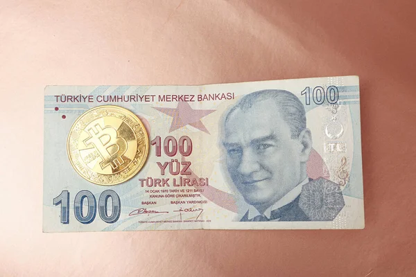 Turkish Lira Banknotes Bitcoin Coin — Stock Photo, Image