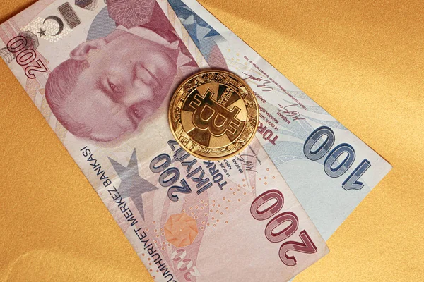 Turkish Lira Banknotes Bitcoin Coin — Stock Photo, Image