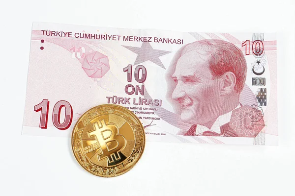 Banconote Lira Turca Bitcoin — Foto Stock