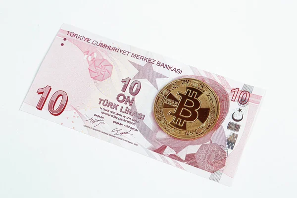 Türkische Lira Banknoten Und Bitcoin Münzen — Stockfoto