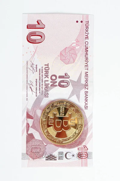 Turkish Lira Banknotes Bitcoin Coin — Stock Photo, Image