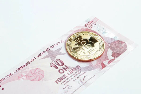 Türkische Lira Banknoten Und Bitcoin Münzen — Stockfoto