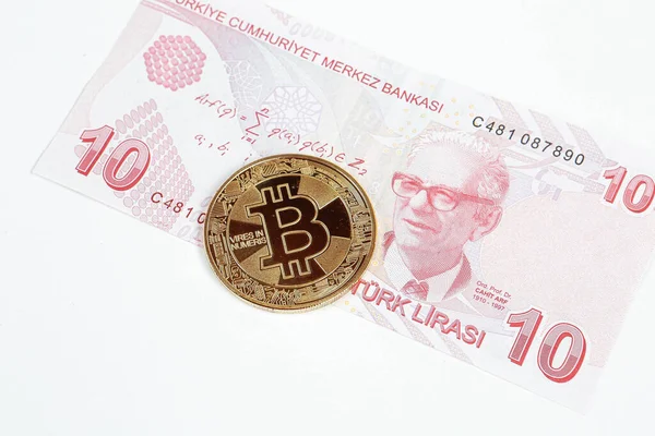 Turkiska Lira Sedlar Och Bitcoin — Stockfoto