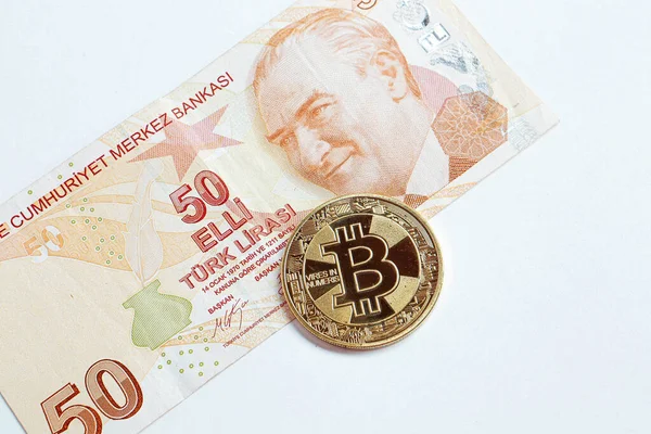 Notas Lira Turcas Moeda Bitcoin — Fotografia de Stock