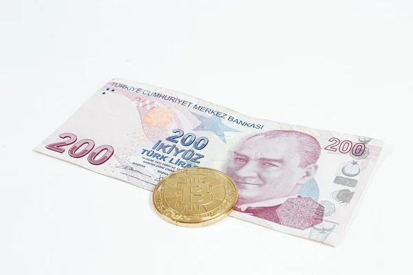 Türk Lira Banknotları Bitcoin Paraları — Stok fotoğraf